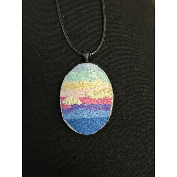 Sunset Embroidery Necklace Handmade Pendant Jewelry - Picture 2 of 3
